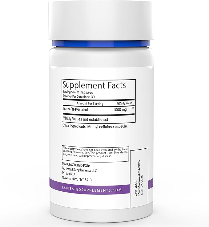 Trans-Resveratrol - 60 500mg Capsules - 3rd Party COA Provided with Every Lot# - Pure Resveratrol - No Fillers