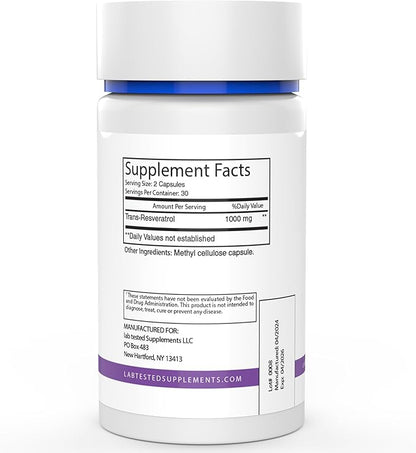 Trans-Resveratrol - 60 500mg Capsules - 3rd Party COA Provided with Every Lot# - Pure Resveratrol - No Fillers