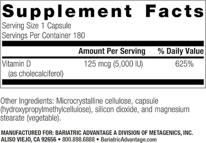 Bariatric Advantage Vitamin D3 5,000 IU - Bariatric Vitamin D Capsules - Water-Miscible - Bone Strength Support* - Easy Swallow Capsule - 180 Count
