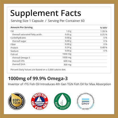 Non-Chemical TGN Fish Oil - 99.9% Purity, Max Absorption, Made in Germany - 1000 mg Omega 3 Supplement, 300 DHA 600 EPA Essential Fatty Acids for Eyes, Brain & Heart Health, 60 Days Supply