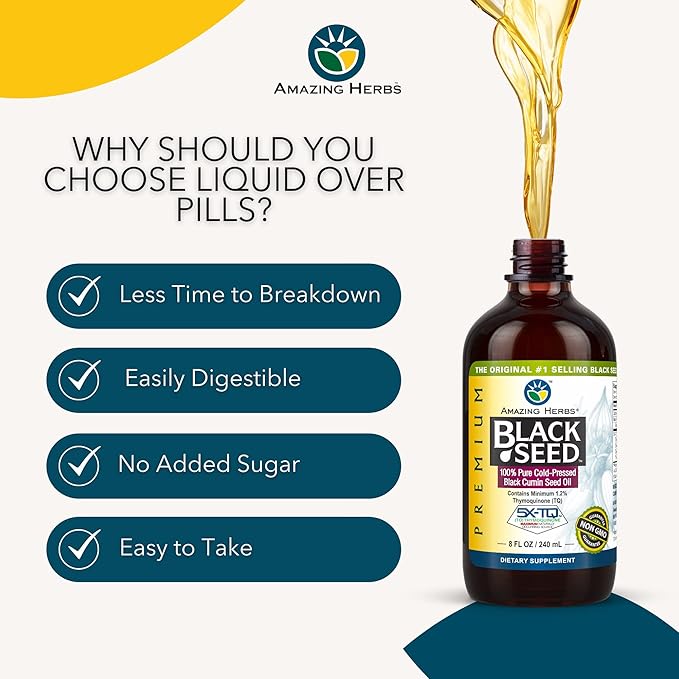 Amazing Herbs Premium Black Seed Oil - Gluten Free, Non GMO, Cold Pressed Nigella Sativa Aids in Digestive Health, Immune Support, Brain Function - 8 Fl Oz