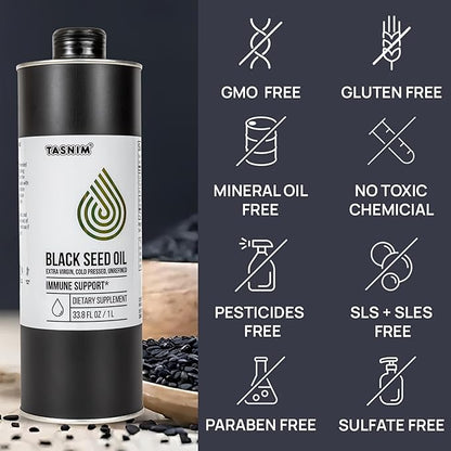 Tasnim Black Seed Oil (35.27 fl oz) | Cold Pressed for Immune Support (21% Thymoquinone) | Skin & Hair