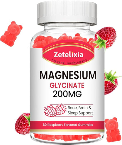 Magnesium Glycinate Gummies, High Absorption Magnesium Glycinate Supplements for Relaxation, Magnesium Chews for Adults and Kids, Raspberry Flavor 60 Count