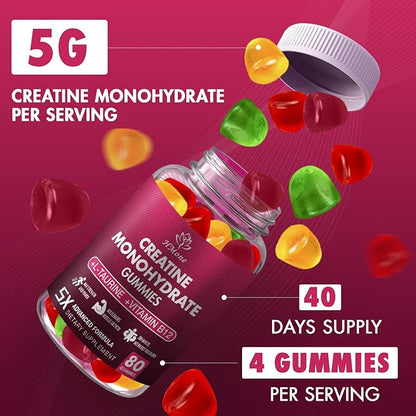 Creatine Monohydrate Gummies - 5g for Men & Women, 80 Count and Creatine Chewable Supplements for Muscle Gain, Muscle Strength, Energy Boost, and Muscle Builder, Sugar Free, Vegan