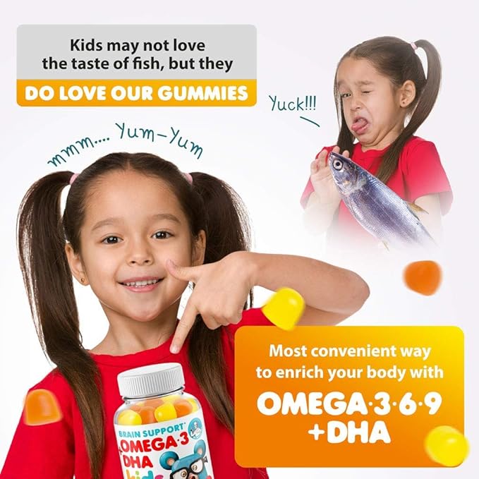 Omega 3 DHA Gummies and Vitamin C Gummies for Kids & Adults - Immune Support Low-Sugar Chewable Gummy Vitamins for Toddlers - Vegetarian Gelatin-Free Children's Supplement