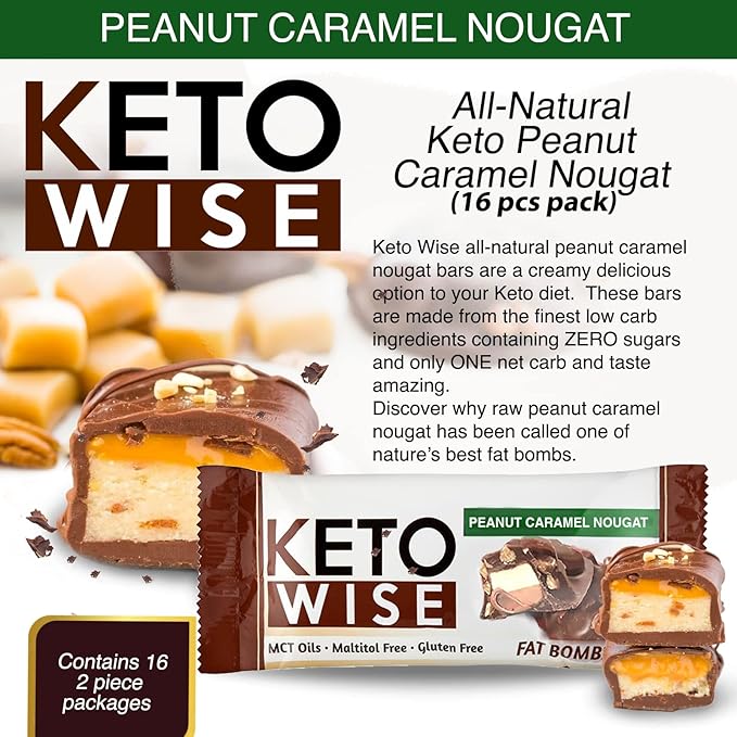 Keto Wise Fat Bombs - Made with Chocolate containing MCT Oil - Low Fat, Low Carb and Keto Friendly Snack - 7g Fat, 2g Net Carbs | Peanut Caramel Nougat, Pack of 16