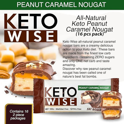 Keto Wise Fat Bombs - Made with Chocolate containing MCT Oil - Low Fat, Low Carb and Keto Friendly Snack - 7g Fat, 2g Net Carbs | Peanut Caramel Nougat, Pack of 16