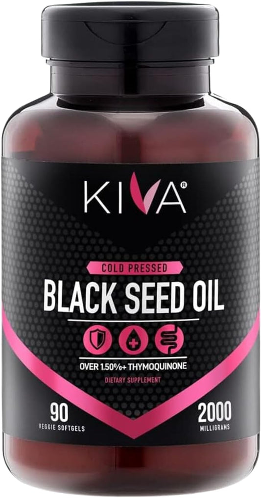 Kiva Black Seed Oil Softgel Capsules - Cold-Pressed (2000mg), 1.5%+ High Thymoquinone (TQ), 100% Turkish Nigella Sativa Seed Oil, 90 Vegan Softgels