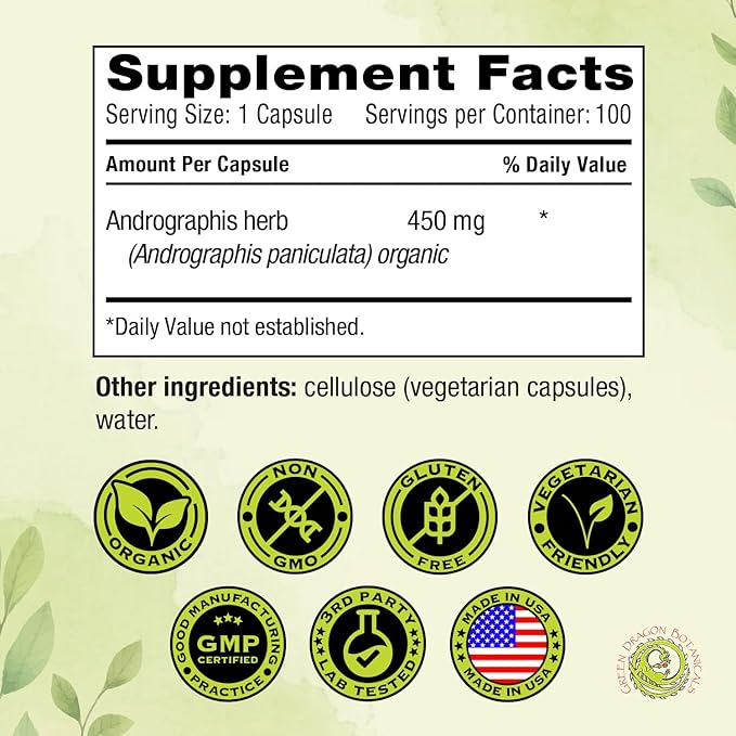 Andrographis Capsules (Andrographis paniculata) Herb 450 mg 100 Capsules Made in USA - Cold Prevention and Immune Support Supplements - Organic, Non-GMO, Gluten-Free, Vegetarian GMP Standards