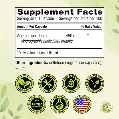 Andrographis Capsules (Andrographis paniculata) Herb 450 mg 100 Capsules Made in USA - Cold Prevention and Immune Support Supplements - Organic, Non-GMO, Gluten-Free, Vegetarian GMP Standards
