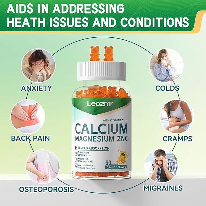 Calcium Magnesium Zinc Gummies with Vitamin D3 & K2 - High Potency Enhanced Absorption -60 Orange Gummies Flavored