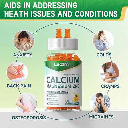 Calcium Magnesium Zinc Gummies with Vitamin D3 & K2 - High Potency Enhanced Absorption -120 Orange Gummies Flavored