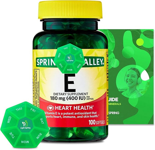Vitamin E 180 mg (400 IU) 100 Softgels with Bundle Exclusive Vitamins & Minerals - A to Z - Better Ligth&Spring Guide + Weekly Pill Organizer (3 Items)