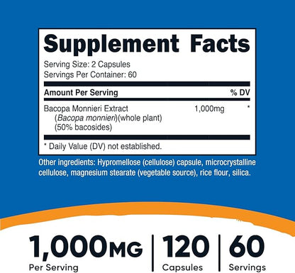 Nutricost Bacopa Monnieri 1,000mg, 120 Capsules (60 Servings) - Non-GMO, Gluten Free, and Vegetarian Friendly