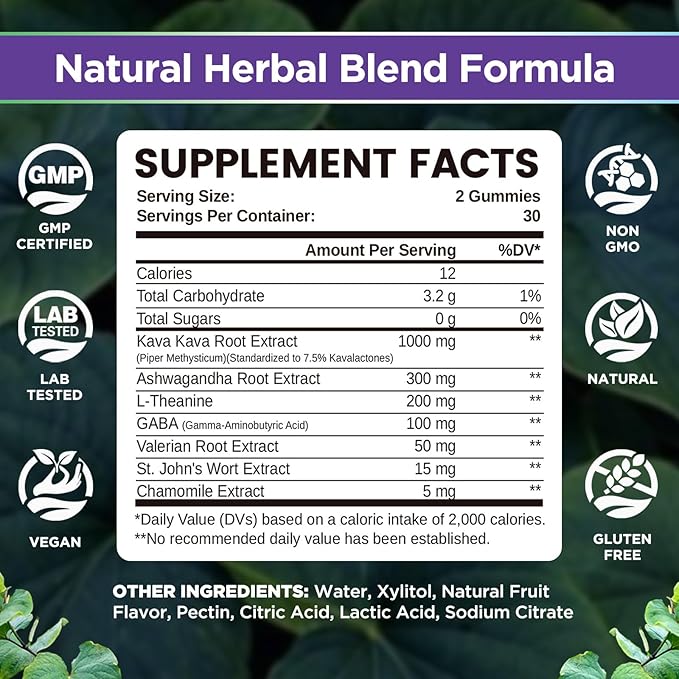 Chewable Kava Kava Gummies, Kava Kava Root Extract with Ashwagandha & L-Theanine, Kava Supplement for Women & Men, 7-in-1 Herbal Blend for Stress Relief & Relaxation, Sugar-Free, Vegan, 60 Ct