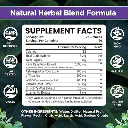 Chewable Kava Kava Gummies, Kava Kava Root Extract with Ashwagandha & L-Theanine, Kava Supplement for Women & Men, 7-in-1 Herbal Blend for Stress Relief & Relaxation, Sugar-Free, Vegan, 60 Ct