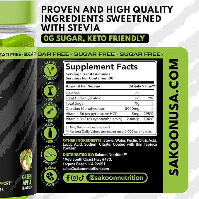 Sakoon nutrition 5000mg Creatine Monohydrate Infused Gummies | Increase Strength and Build Muscle, Sugar-Free, Vegan, Apple Flavor, 120 Count