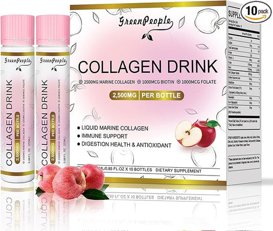 Liquid Collagen for Women & Men, Fish Collagen Peptides + Hyaluronic Acid + Vitamin Bs & C, Hair Skin Nails Joints Bones Support (0.85 fl oz, 10 Bottles, Apple)
