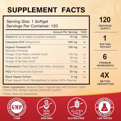 CoQ10 200mg Softgels with Vitamin E & Omega 3-6 -9 & PQQ - High Absorption Coenzyme Q10 with Bioperine | Maximum Antioxidant | Heart Supports & Cellular Energy Production Supplement | 120 Servings