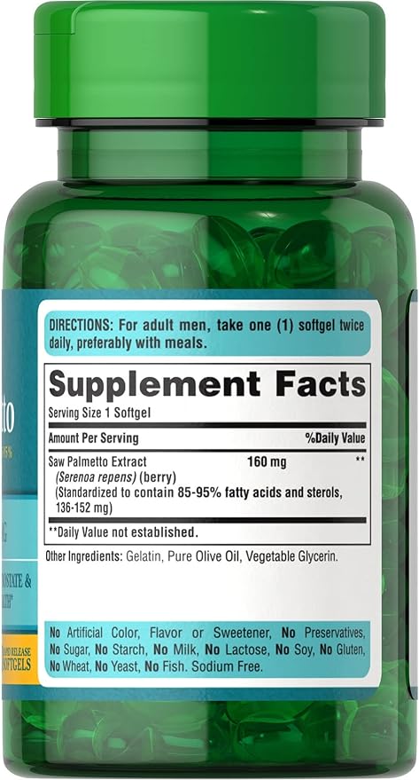 Puritan's Pride Saw Palmetto Extract 160mg, Traditional Herbal Dietary Supplement For Mens Prostate and Urinary Health Support, 60 Rapid Release Capsules