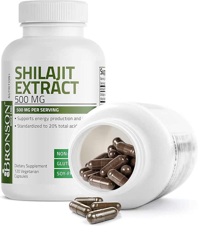 Bronson Shilajit Extract 500 MG Per Serving, Supports Energy Production & Vitality, Standardized to 20% Total Acids, Non-GMO, 120 Vegetarian Capsules