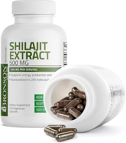 Bronson Shilajit Extract 500 MG Per Serving, Supports Energy Production & Vitality, Standardized to 20% Total Acids, Non-GMO, 120 Vegetarian Capsules