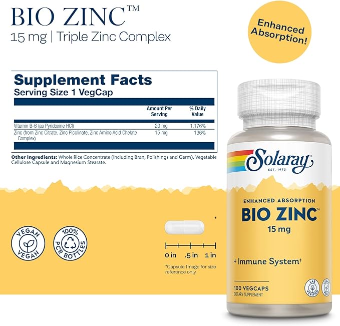 Solaray Bio Zinc 15 mg | Triple Zinc Complex for Healthy Immune System, Endocrine & Cell Function Support | 100 VegCaps