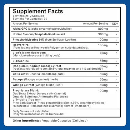 15-in-1 Alpha GPC Supplement - Nootropic Brain Supplement with Phosphatidylserine, Uridine,L-Theanine,Lion's Mane Mushroom for Brain Support, Memory and Focus,180 Capsules