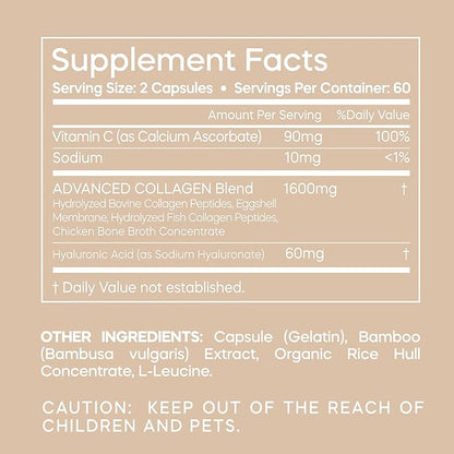Multi-Collagen Peptides + Hyaluronic Acid – Type I II III V X – Skin, Hair & Joint Support – 120 Capsules.
