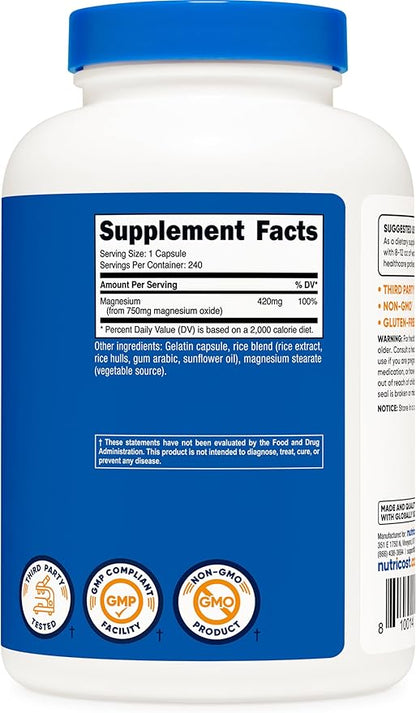 Nutricost Magnesium Oxide 750mg, 240 Capsules - 420mg of Magnesium, Non-GMO, Gluten Free