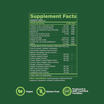 Digestive Support Supplement with Triphala, Ajwain, Cumin, and Other Herbs and Vitamins, Supports Healthy Digestion and Gut Health, 60 Day Supply, 120 Capsules