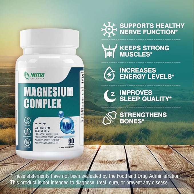Magnesium Breakthrough Complex Supplement 500 mg- High Absorption Magnesium, Magnesium Glycinate, Citrate, Malate, Taurate with B6 - Bone, Heart, Muscle & Nervous System Support - 60 Capsules
