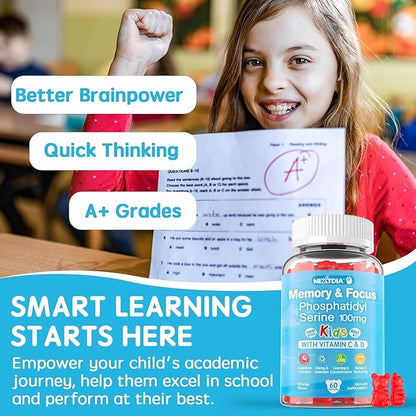 Phosphatidylserine Supplement 100mg, Focus Gummies for Kids Teens + Vitamin C & D3 400IU, Sugar Free Kids Brain Gummies Increase Attention & Concentration, Chewable, Vegan, Gluten Free, Non-GMO 60Cts