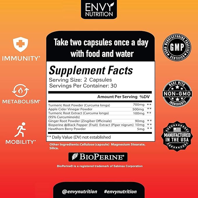 Turmeric & Ginger Supplement Capsules with Apple Cider Vinegar - Enhanced Immunity & Metabolism Support - 95% Curcuminoids, Bioperine (Black Pepper) for Superior Absorption - 60 Caps