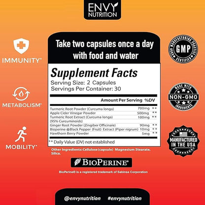 Turmeric & Ginger Supplement Capsules with Apple Cider Vinegar - Enhanced Immunity & Metabolism Support - 95% Curcuminoids, Bioperine (Black Pepper) for Superior Absorption - 60 Caps