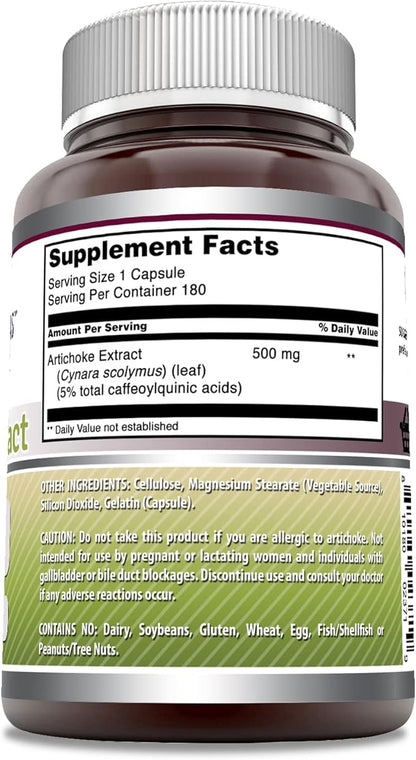 Amazing Formulas Artichoke Extract Supplement | Cynara Scolymus Leaf Capsules| 500 Mg | 180 Capsules | Non-GMO | Gluten Free | Made in USA