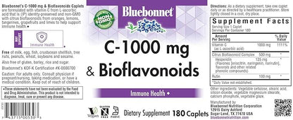 Bluebonnet Nutrition C-1000 mg Plus Bioflavonoids Caplets, Vitamin C 1000 mg, Citrus Bioflavonoids 500 mg, for Immune Health, Soy Free, Gluten Free, Non-GMO, Kosher, Dairy Free, Vegan, 180 Caplets