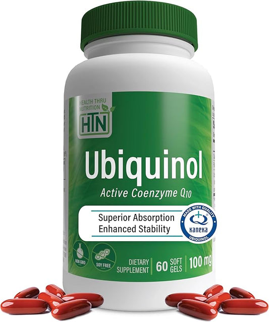 Health Thru Nutrition Ubiquinol 100mg 60 Softgels as Kaneka QH Reduced CoQ-10 | Stabilized - 3rd Party Tested | Enhanced Bioavailability | Cardiovascular & Mitochondria Function Support | Non-GMO