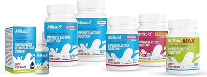 Milkaid Lactase Enzyme Chewable Tablets for Lactose Intolerance Relief | Prevents Gas, Bloating & Diarrhea | Fast Acting Dairy Digestive Supplement (120 Tablets, Raspberry)
