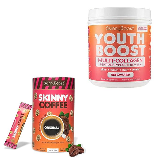 SkinnyBoost Instant Skinny Coffee Unflavored + Youth Boost Multi-Collagen Peptides Unflavored Bundle – Slimming Coffee & Collagen for Skin, Hair, Joints