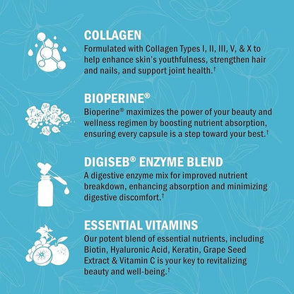 Hydrolyzed Collagen Peptide Capsules for Women - Multi Collagen Supplement Types I, II, III, V, X with Vitamin C, Biotin, Keratin - Skin, Hair & Nails Support - 135 Capsules