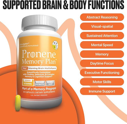 PRONENE Memory Plan (60 ct) Morning Brain Multivitamin | Nootropic Supplement w/Choline, Selenium, Resveratrol, D, & B Vitamins | Advanced nutrients Support Brain, Immunity & Memory.