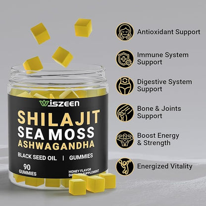 Sugar Free Shilajit Ashwagandha Sea Moss Gummies with Black Seed Oil - Ashwagandha + Shilajit + Sea Moss + Black Seed + Burdock