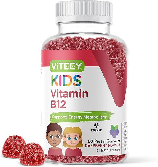 Vitamin B12 for Kids Gummies, 1000mcg - Metabolism, Natural Energy Support - Vegan, Gelatin Free, Gluten Free, GMO Free - Tasty Chewable B12 Raspberry Flavored Gummy