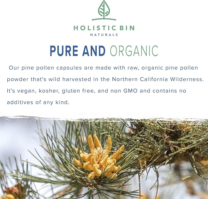 Holistic Bin Pine Pollen Capsules 500mg (Pinus Ponderosa) - Wild Harvested California Ponderosa Pine Pollen Powder - Olympic Grade - Organic, Non-GMO, No Fillers - 30 Day Supply (40 Capsules)