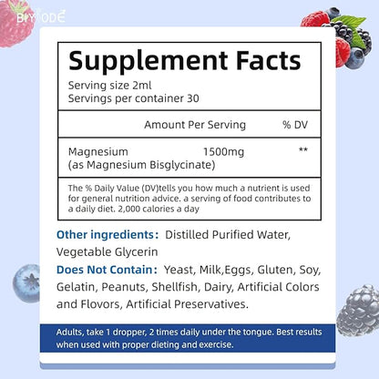 High Absorption Magnesium Glycinate Liquid - with Vitamins B6, C, D, Fiber, Bromelain, Raspberry & Strawberry, Non-GMO, Gluten-Free, Vegan, Stress Relief, Sleep, Muscle & Heart Support, 60ml