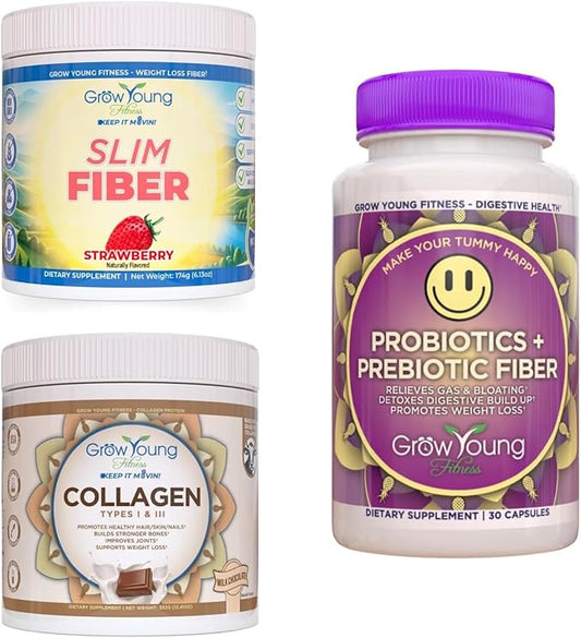 Grow Young Fitness Slim Fiber Supplement and Daily Probiotic Supplement and Chocolate Collagen Protein - Joint, Bone, and Digestion Support for Elderly