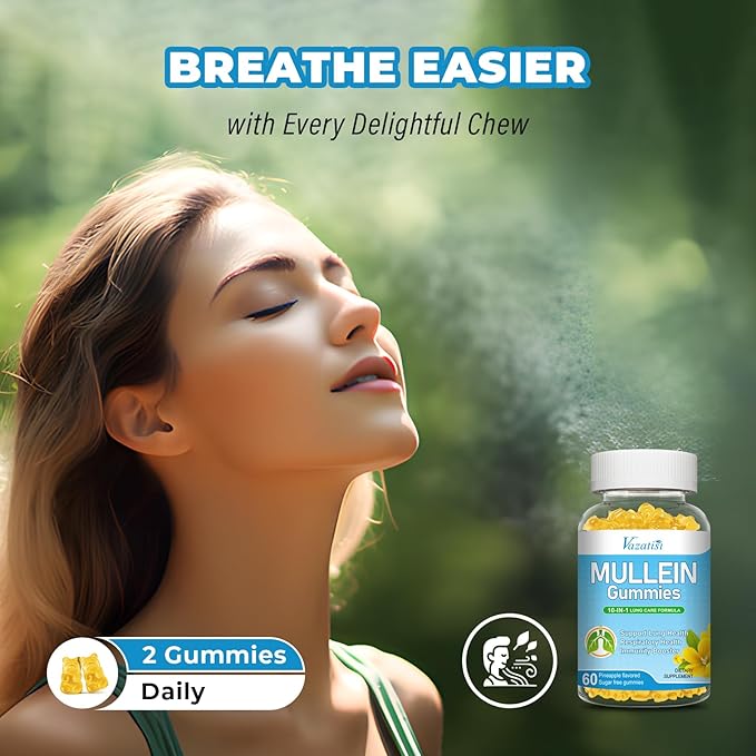 10 in 1 Mullein Gummies for Lungs, Mullein Leaf Extract with Bromelain, Quercetin, Magnesium - Support Lung Cleanse for Healthy Breathing, 60ct