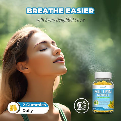 10 in 1 Mullein Gummies for Lungs, Mullein Leaf Extract with Bromelain, Quercetin, Magnesium - Support Lung Cleanse for Healthy Breathing, 60ct