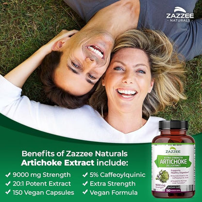 Zazzee Extra Strength Artichoke 20:1 Extract, 9000 mg Strength, 5% Caffeoylquinic Acid, 150 Vegan Capsules, 5 Month Supply, Concentrated and Standardized 20X Extract, Non-GMO and All-Natural